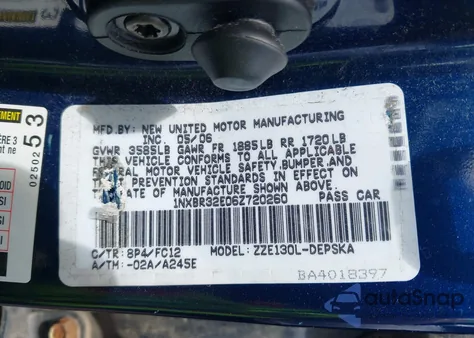 2006 Toyota Corolla S from USA, damaged, VIN 1NXBR32E06Z720260